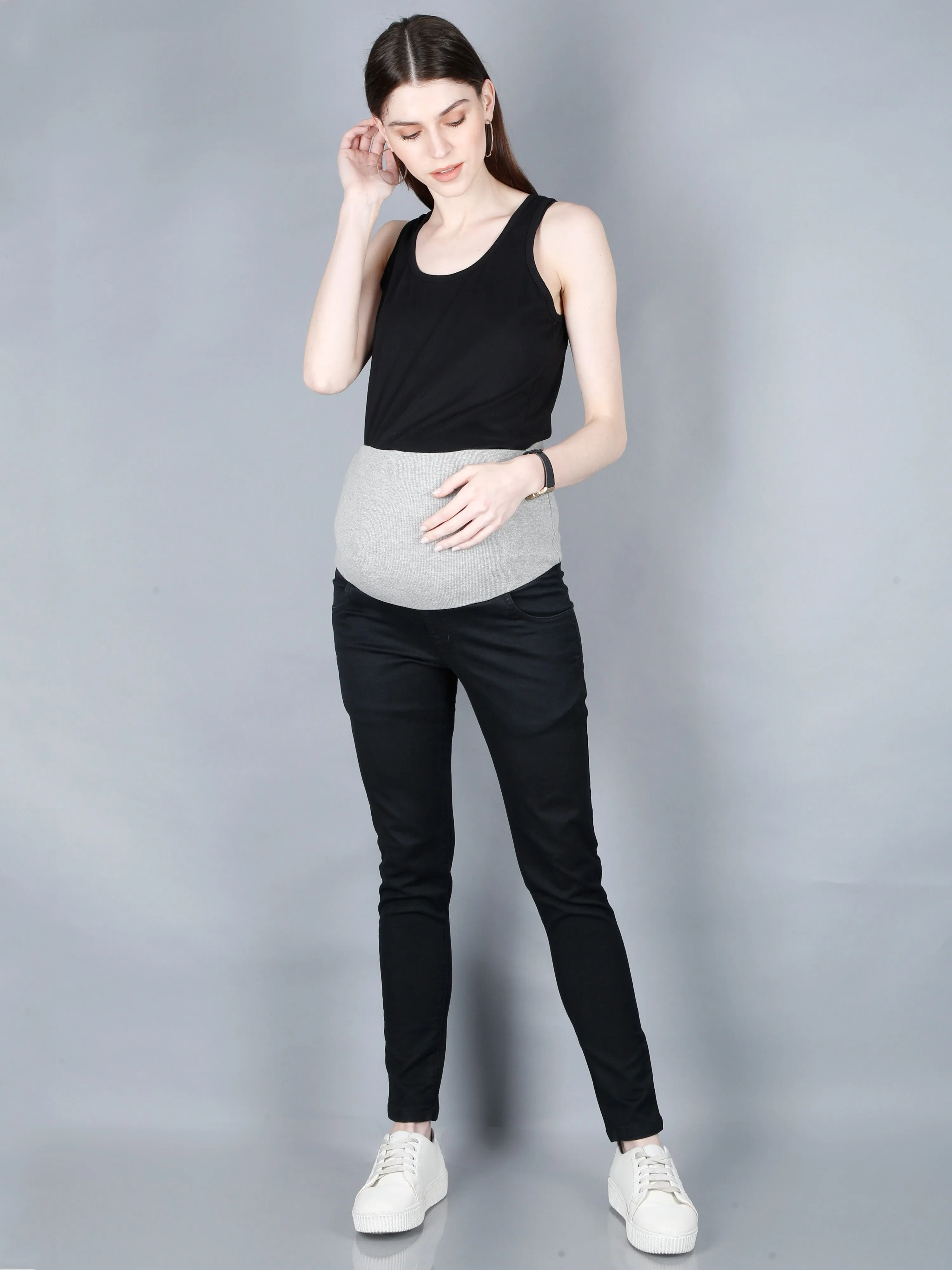 Stretchable Denims with Belly Support- Black