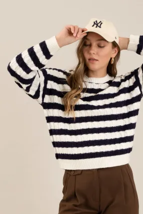 STRIPE CREWNECK CABLE KNIT KNIT SWEATER