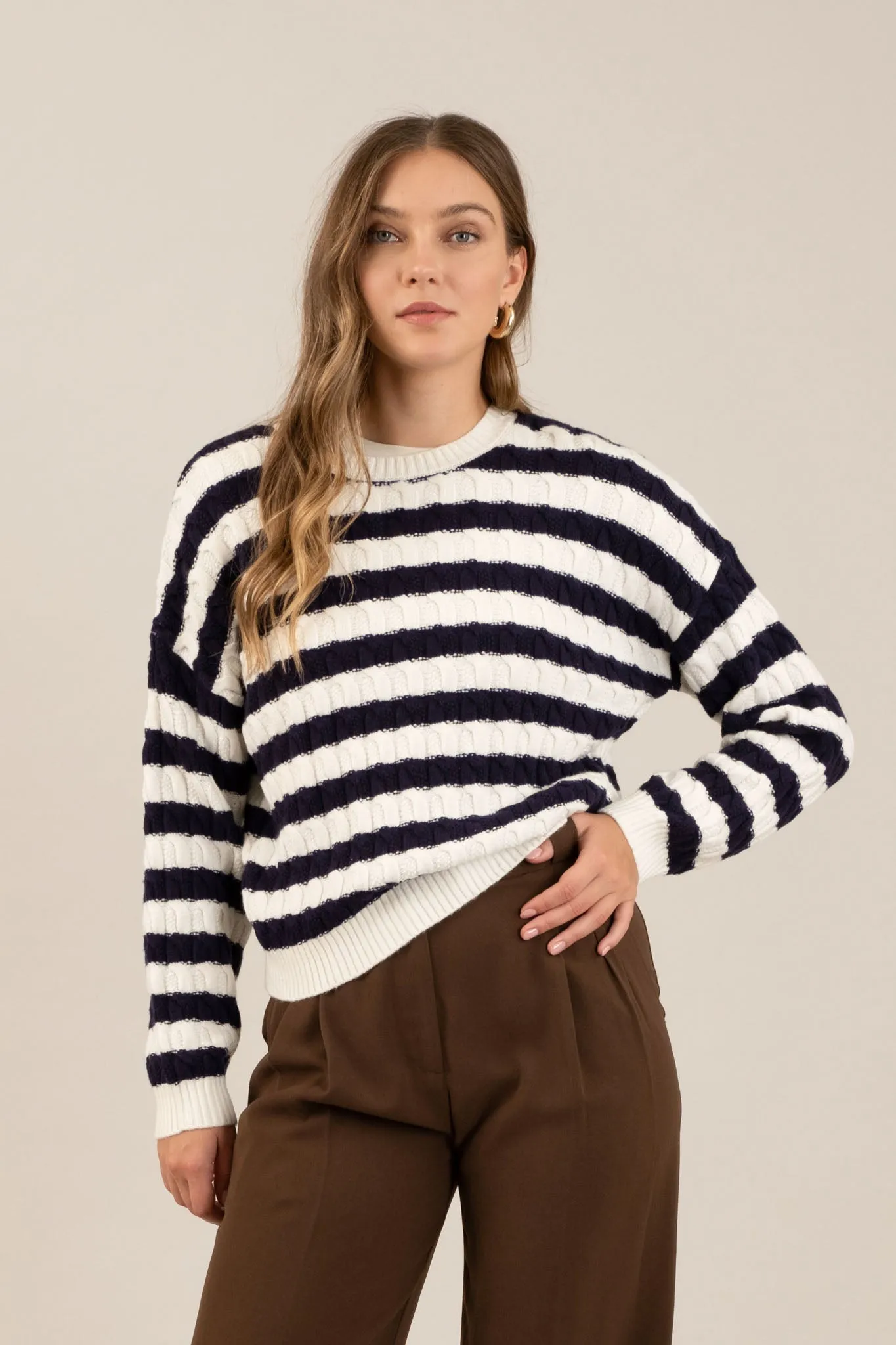 STRIPE CREWNECK CABLE KNIT KNIT SWEATER