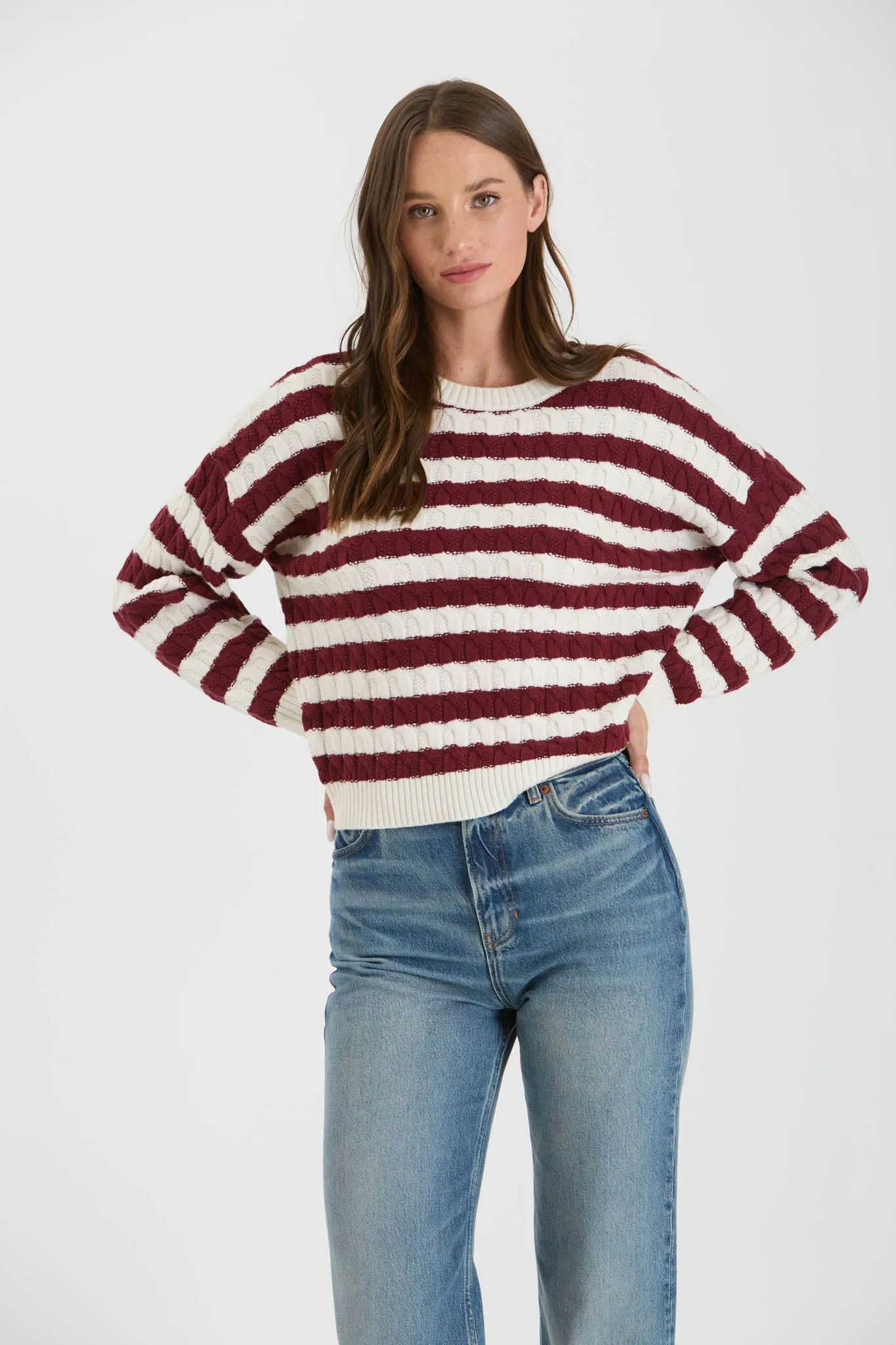 STRIPE CREWNECK CABLE KNIT KNIT SWEATER