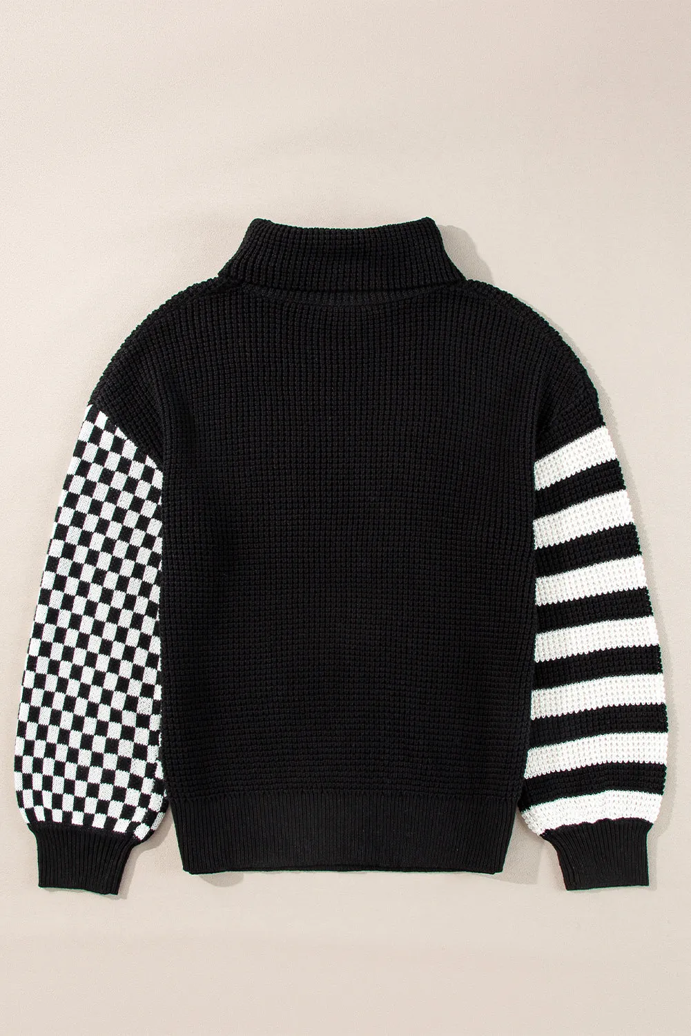 Striped & Checkered Turtleneck Dropped Shoulder Sweater