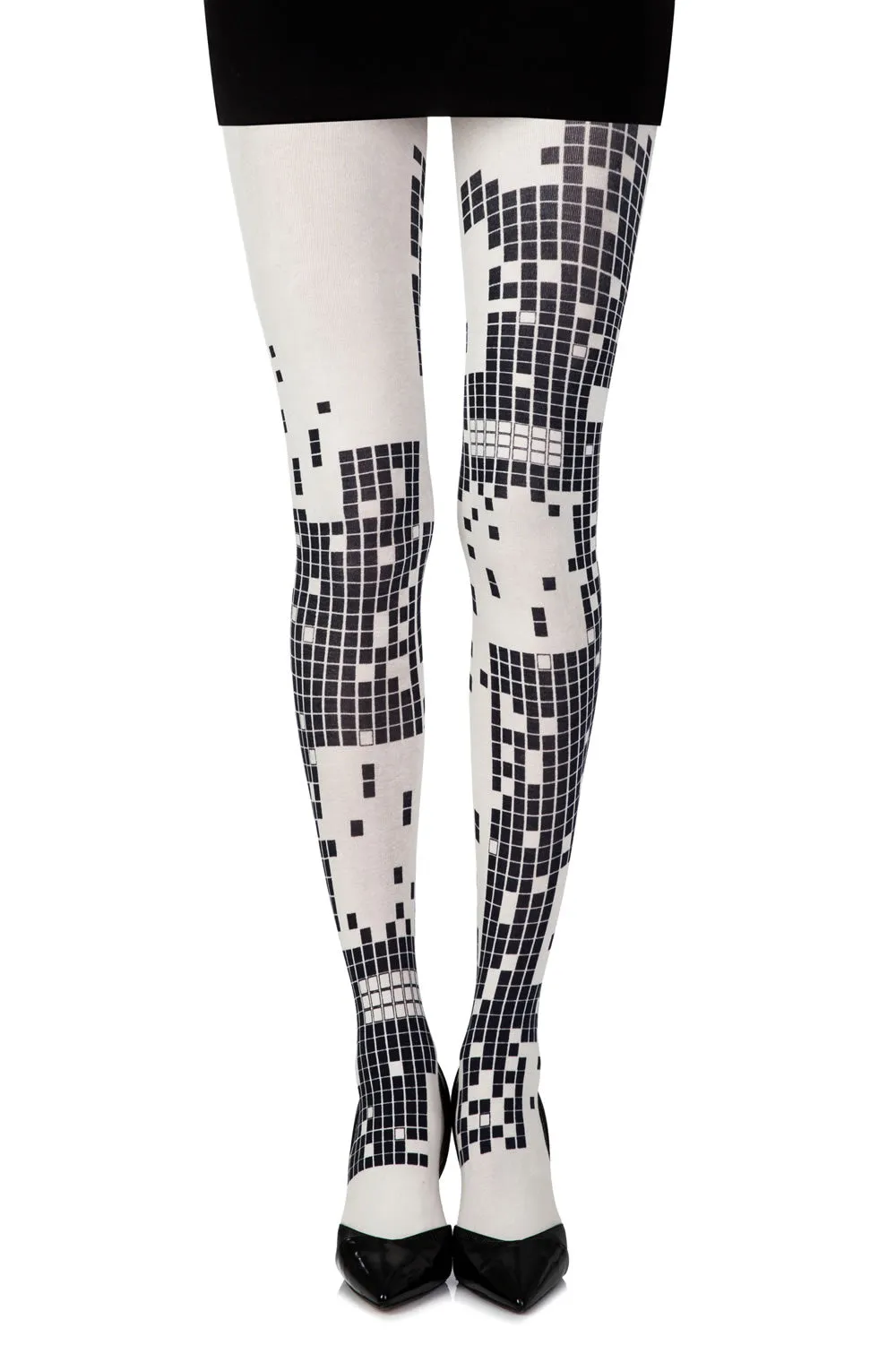 Stunning Black Checkers Game Design Print 100 Denier Opaque Cream Tights