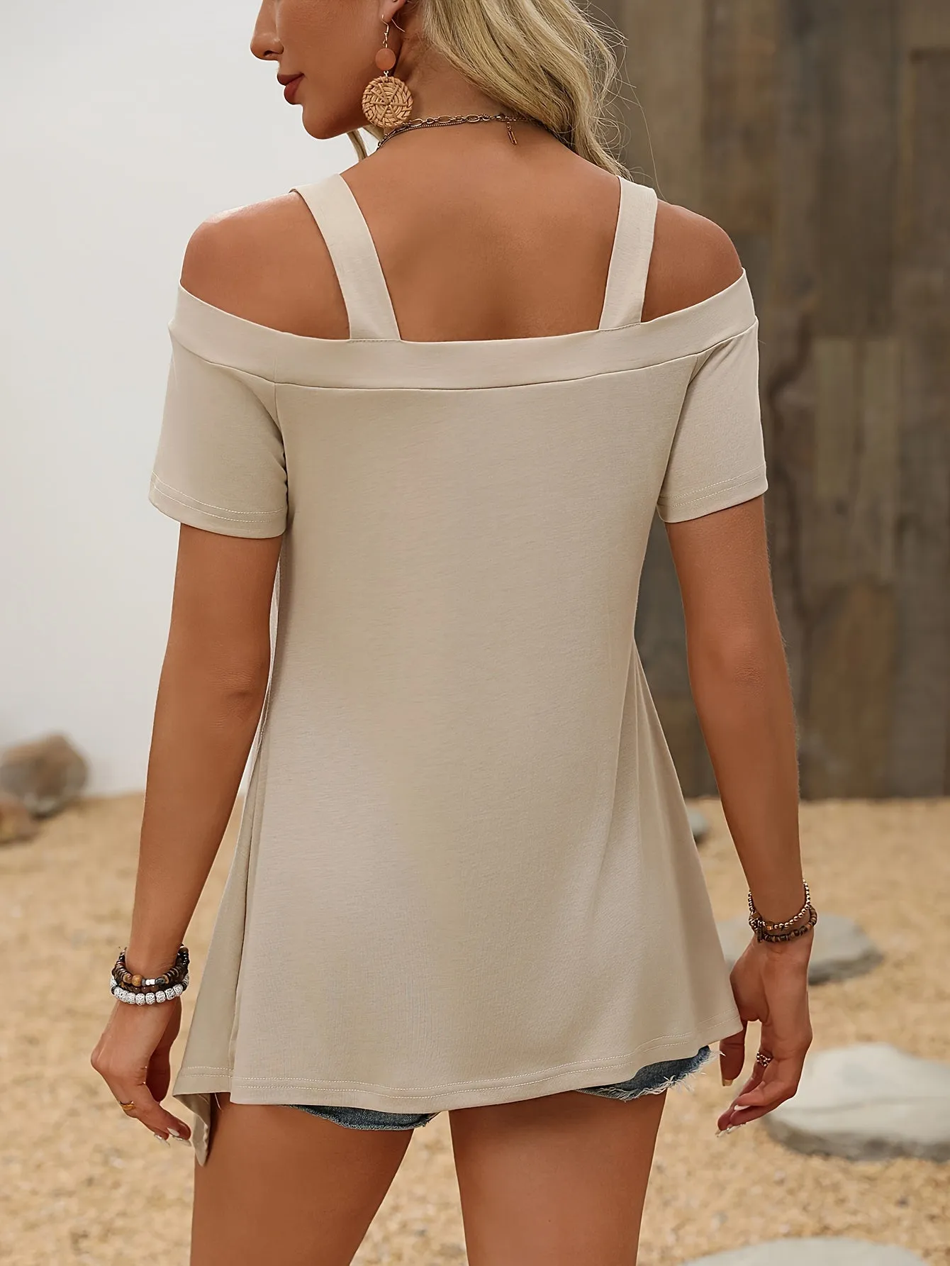 Stylish Strapless Solid Color Short Sleeve T-Shirt - Elegant Casual Wear for Summer, Micro Elastic Dacron and Spandex Blend, Regular Length, No Printing, Knit Fabric - Perfect for Womens Everyday Wear