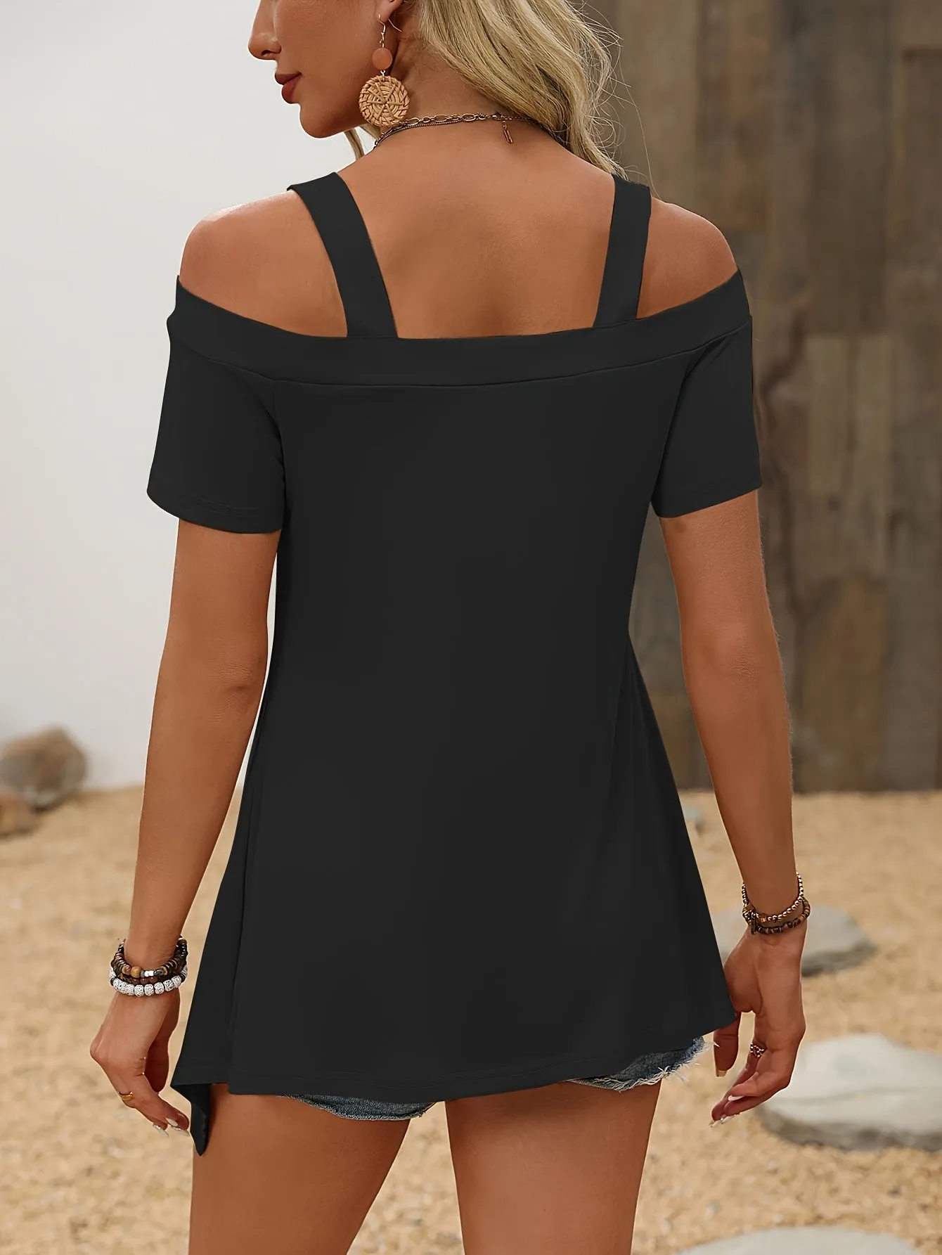 Stylish Strapless Solid Color Short Sleeve T-Shirt - Elegant Casual Wear for Summer, Micro Elastic Dacron and Spandex Blend, Regular Length, No Printing, Knit Fabric - Perfect for Womens Everyday Wear