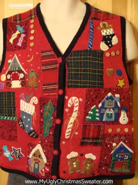 Tacky Cheap Ugly Christmas Sweater Vest with Gingerbread Theme  (f573)