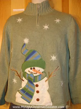 Tacky Green Sweater with Stick Arm Snowman (f1282)