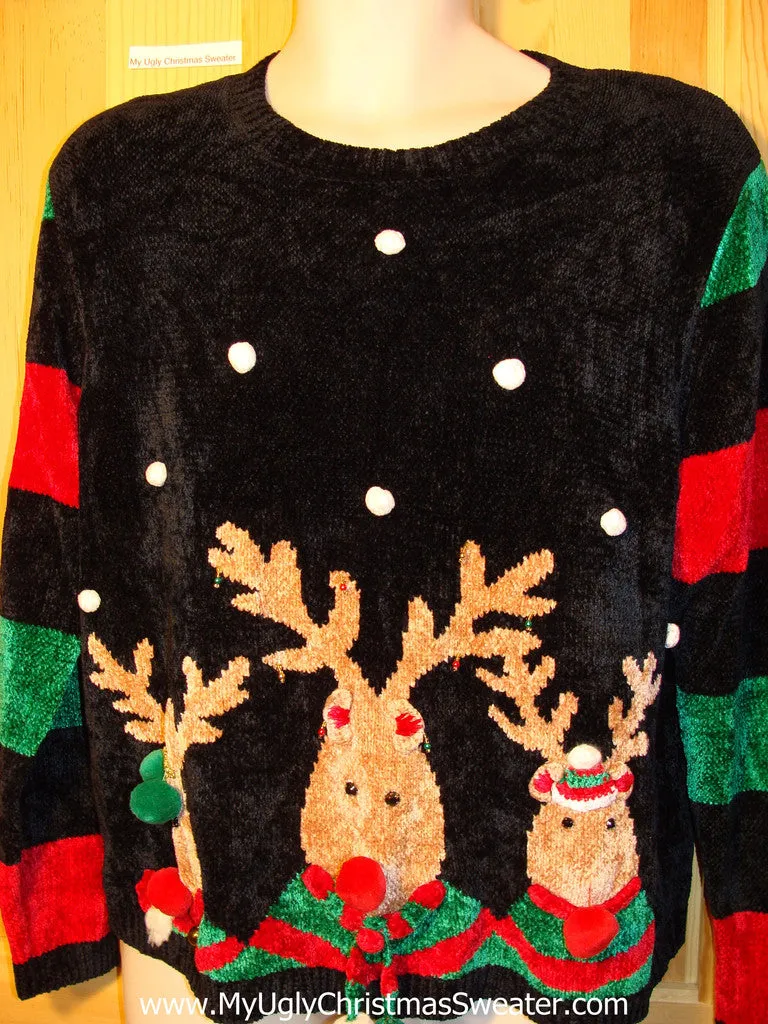 Tacky Ugly Christmas Sweater 80s Classic with 2sided Decorations Reindeer Coming and Going (f301)