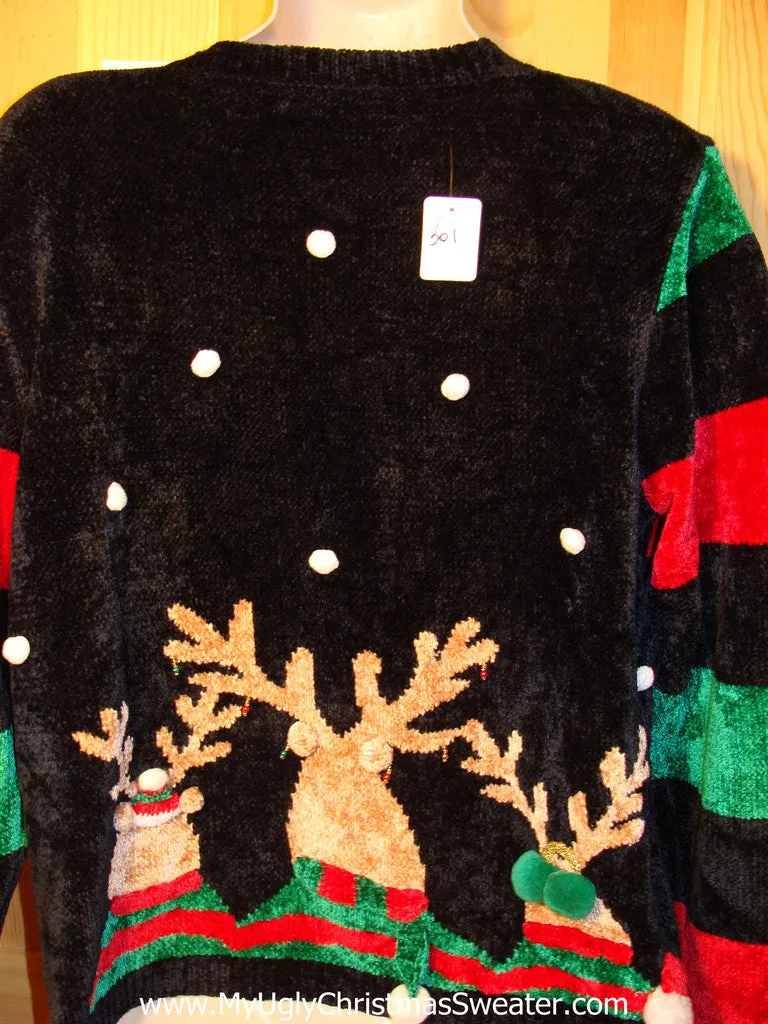 Tacky Ugly Christmas Sweater 80s Classic with 2sided Decorations Reindeer Coming and Going (f301)