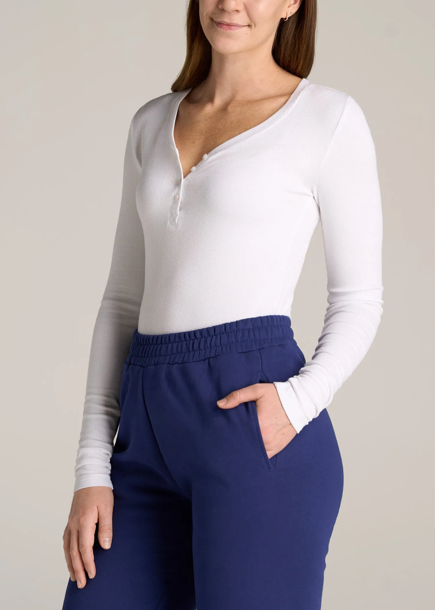 Tall Women's FITTED Ribbed Long Sleeve Henley in White