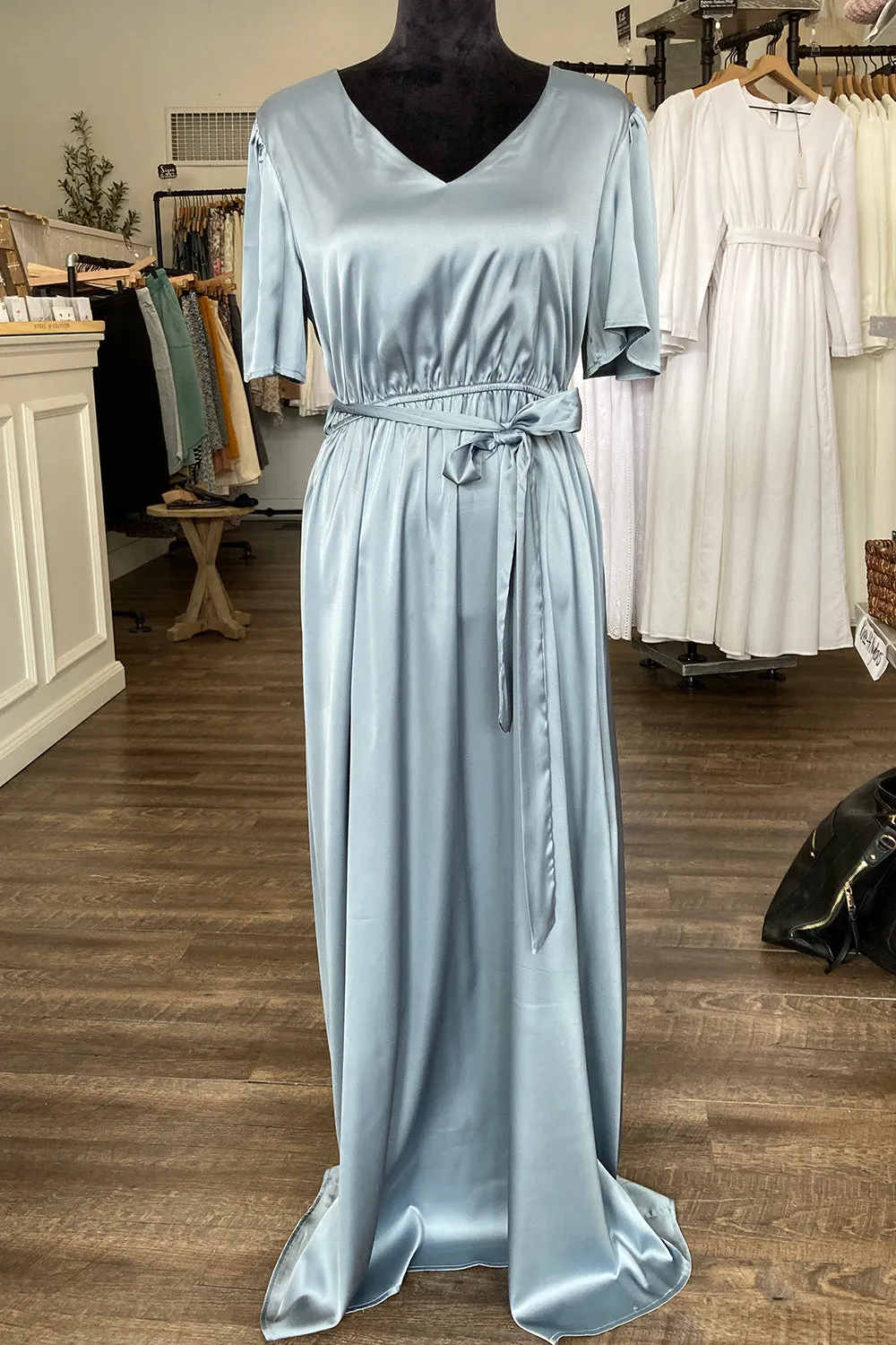 The Becca Dull Satin Maxi Dress in Blue FINAL SALE