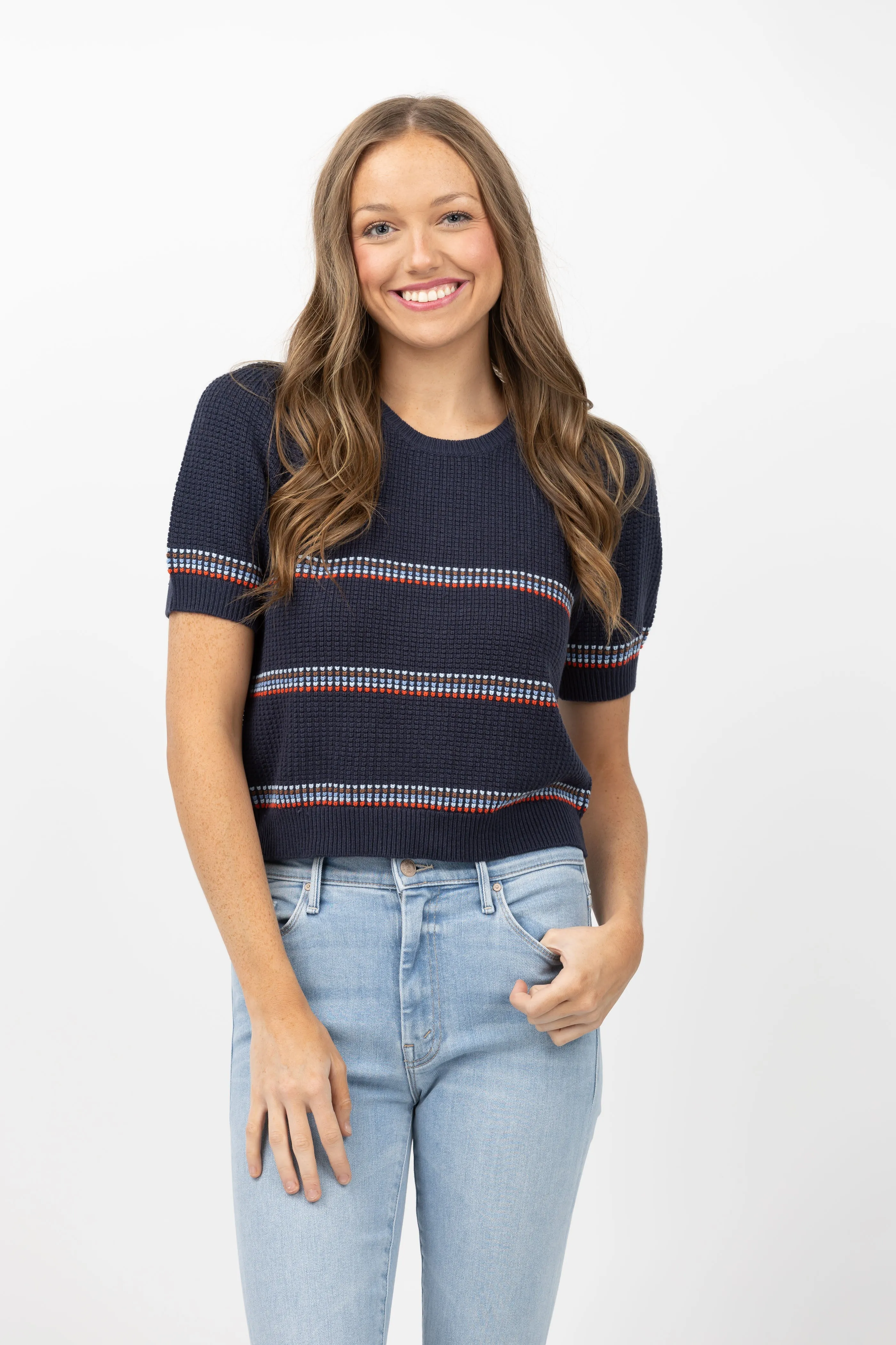 The Great. The Puff Sleeve Pullover Sweater in Navy Ribbon Stripe