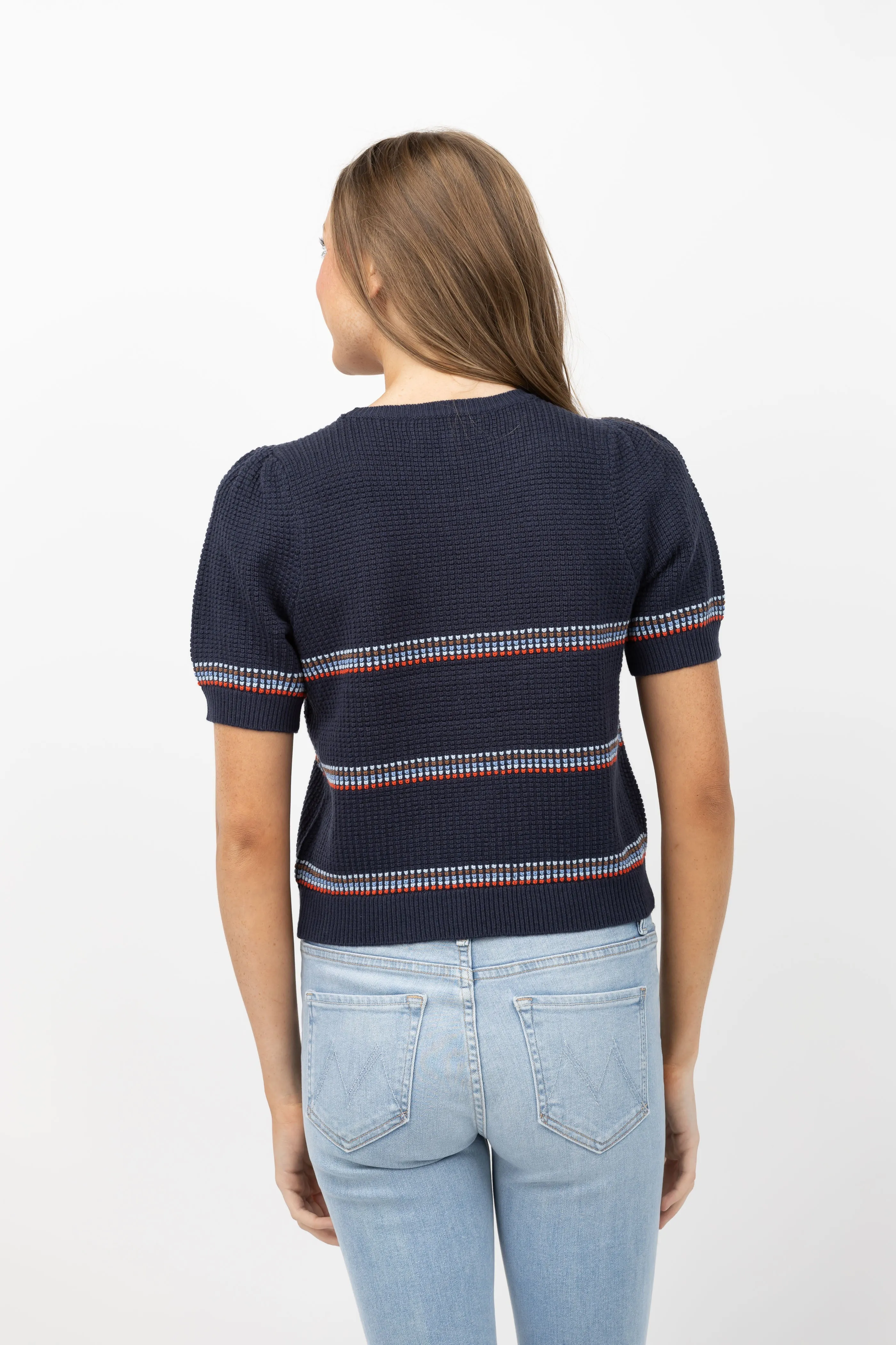 The Great. The Puff Sleeve Pullover Sweater in Navy Ribbon Stripe