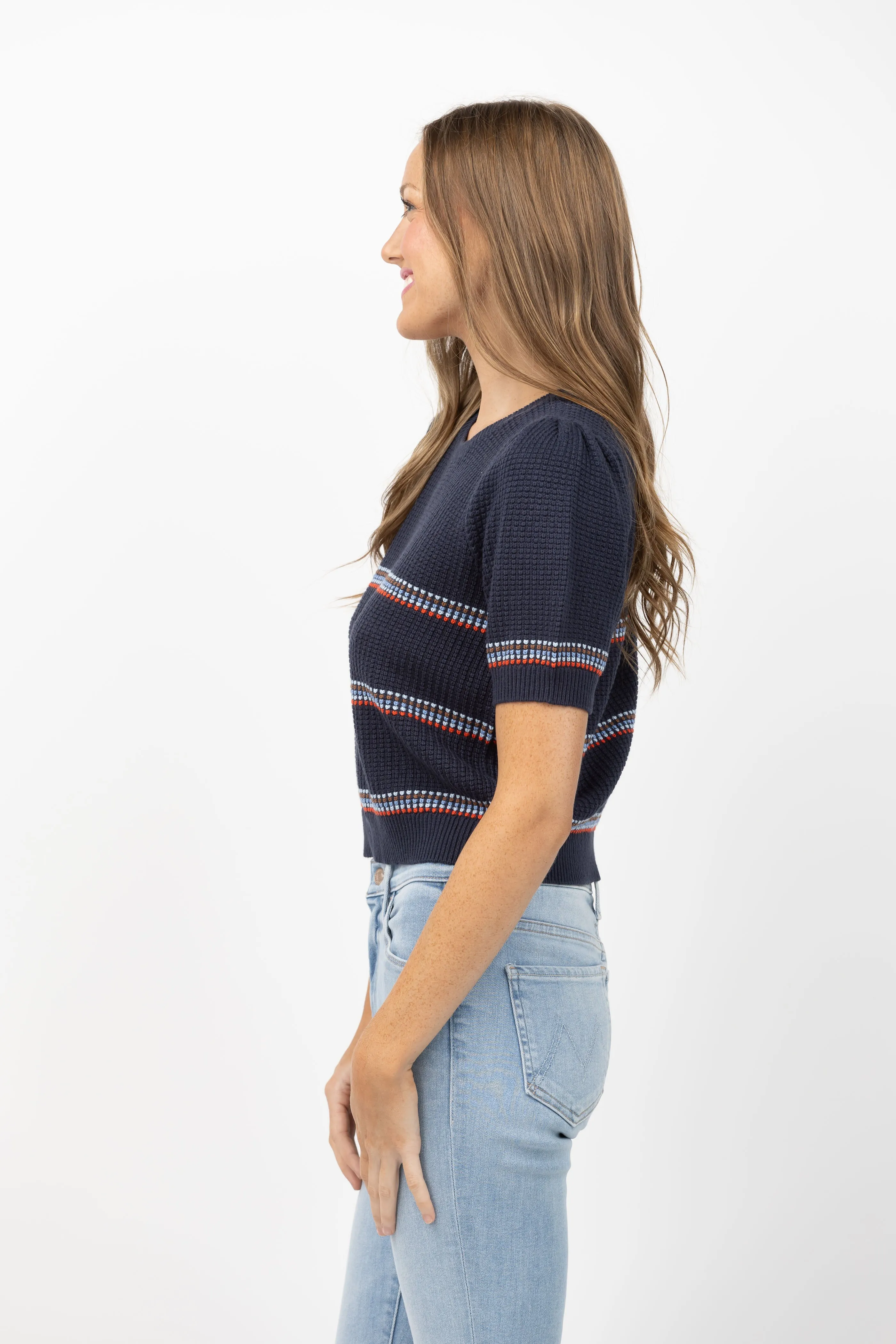 The Great. The Puff Sleeve Pullover Sweater in Navy Ribbon Stripe