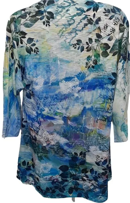 Top Pullover V Neck 3/4 Sleeve BlueTown Print  Womens t1272k mm63