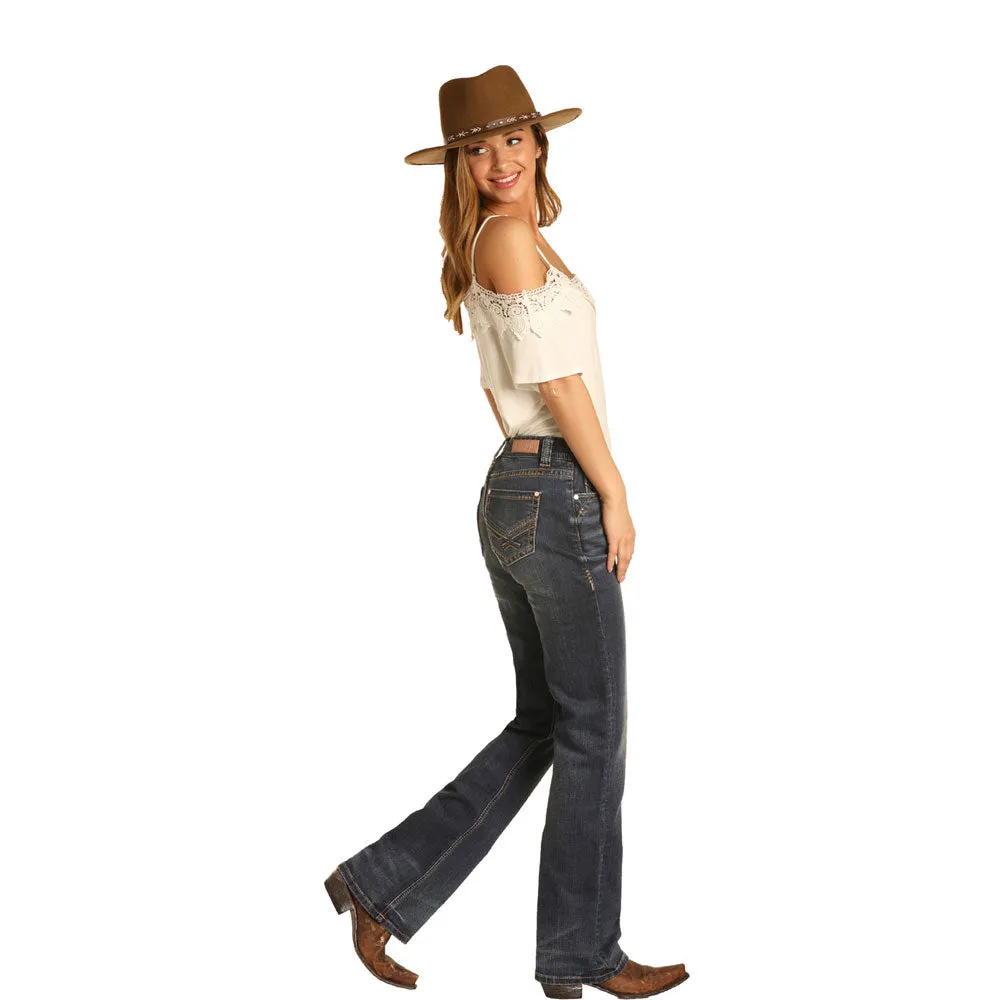 W1-4154 Rock & Roll Cowgirl Juniors Mid Rise Boot Cut Denim Jeans