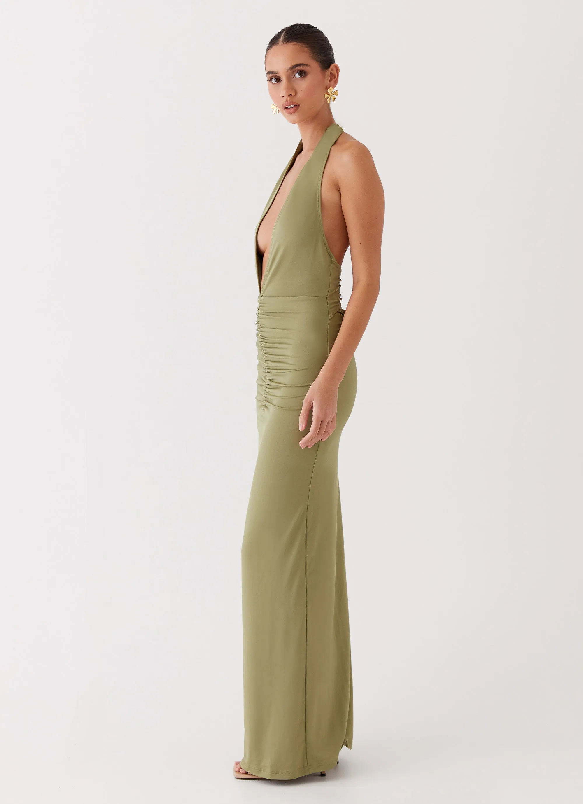 Whisked Away Halterneck Maxi Dress - Olive