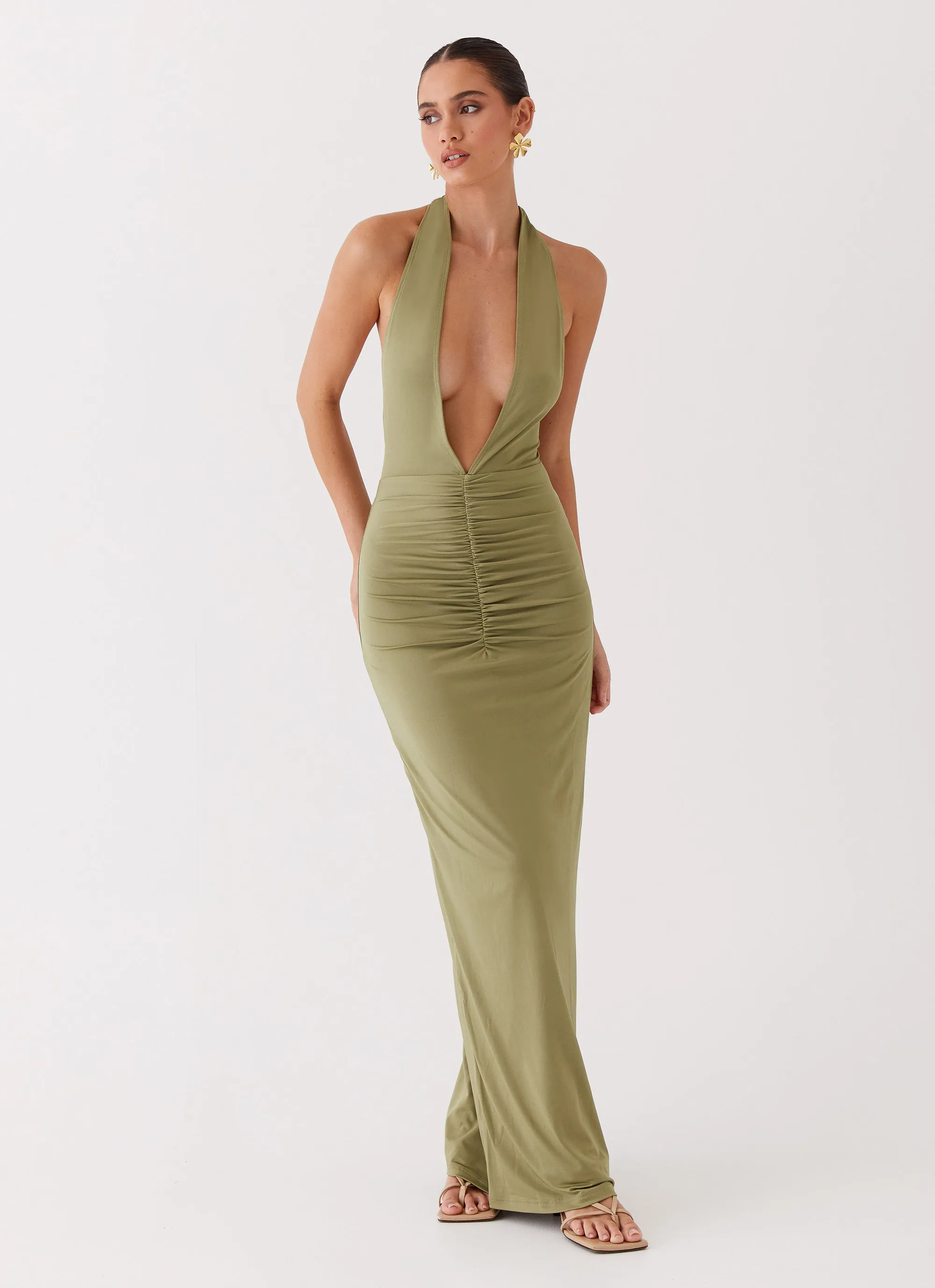 Whisked Away Halterneck Maxi Dress - Olive