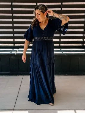 Whispering Lace Boho Maxi Dress, Navy