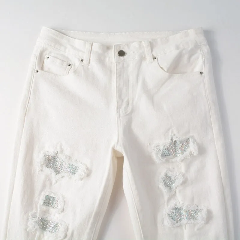 White Distressed Rhinestone Slim Jeans