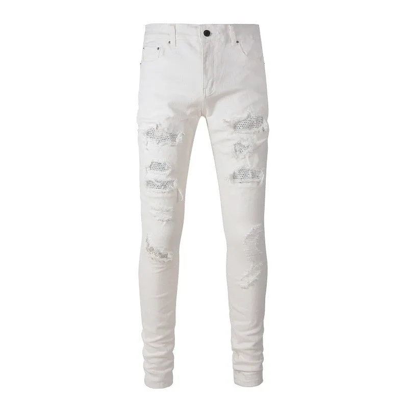 White Distressed Rhinestone Slim Jeans