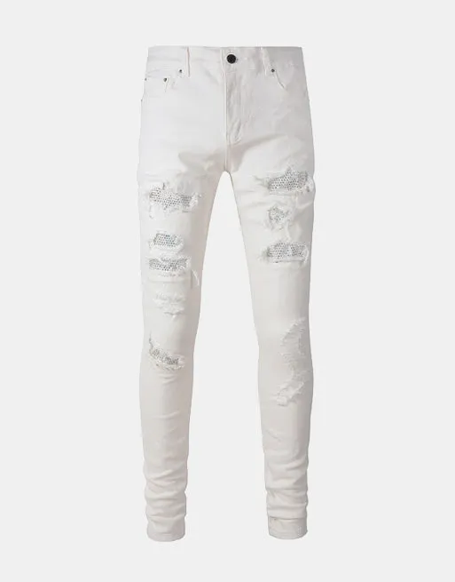 White Distressed Rhinestone Slim Jeans