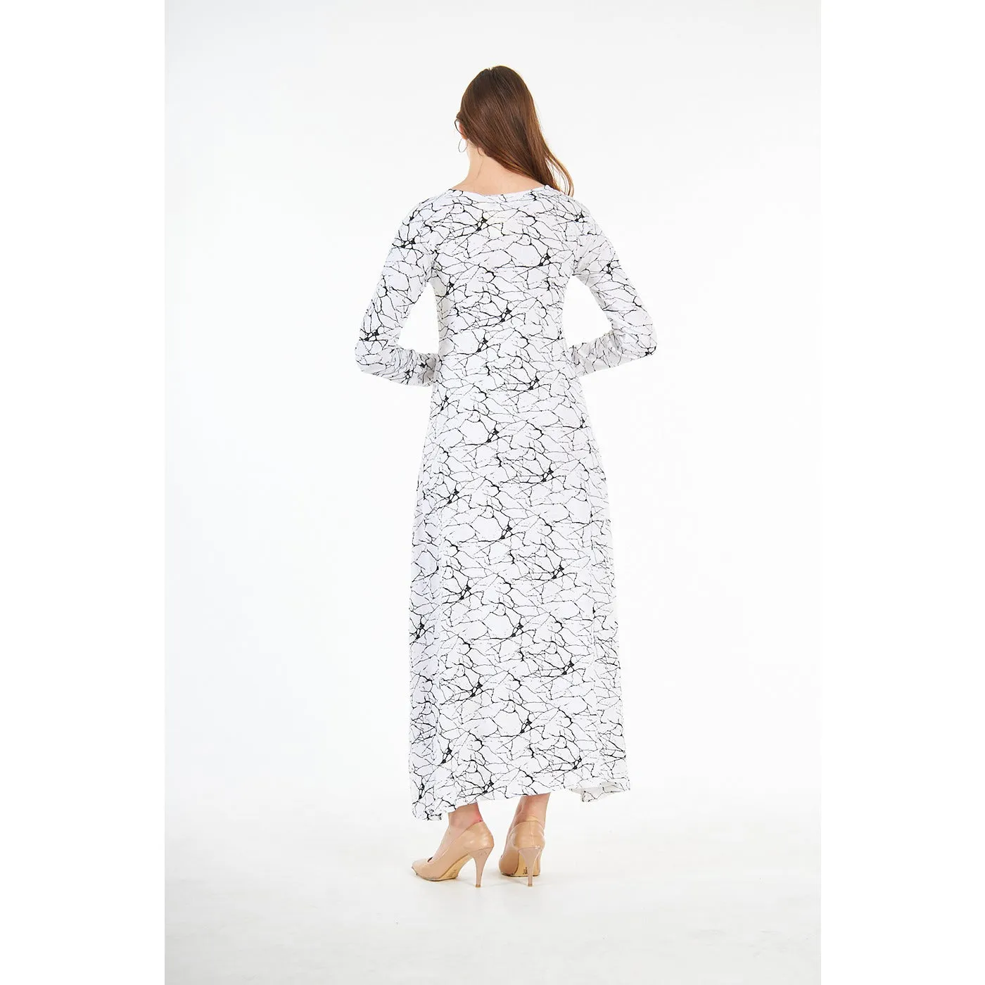 White Double Breasted Printed Long Dress