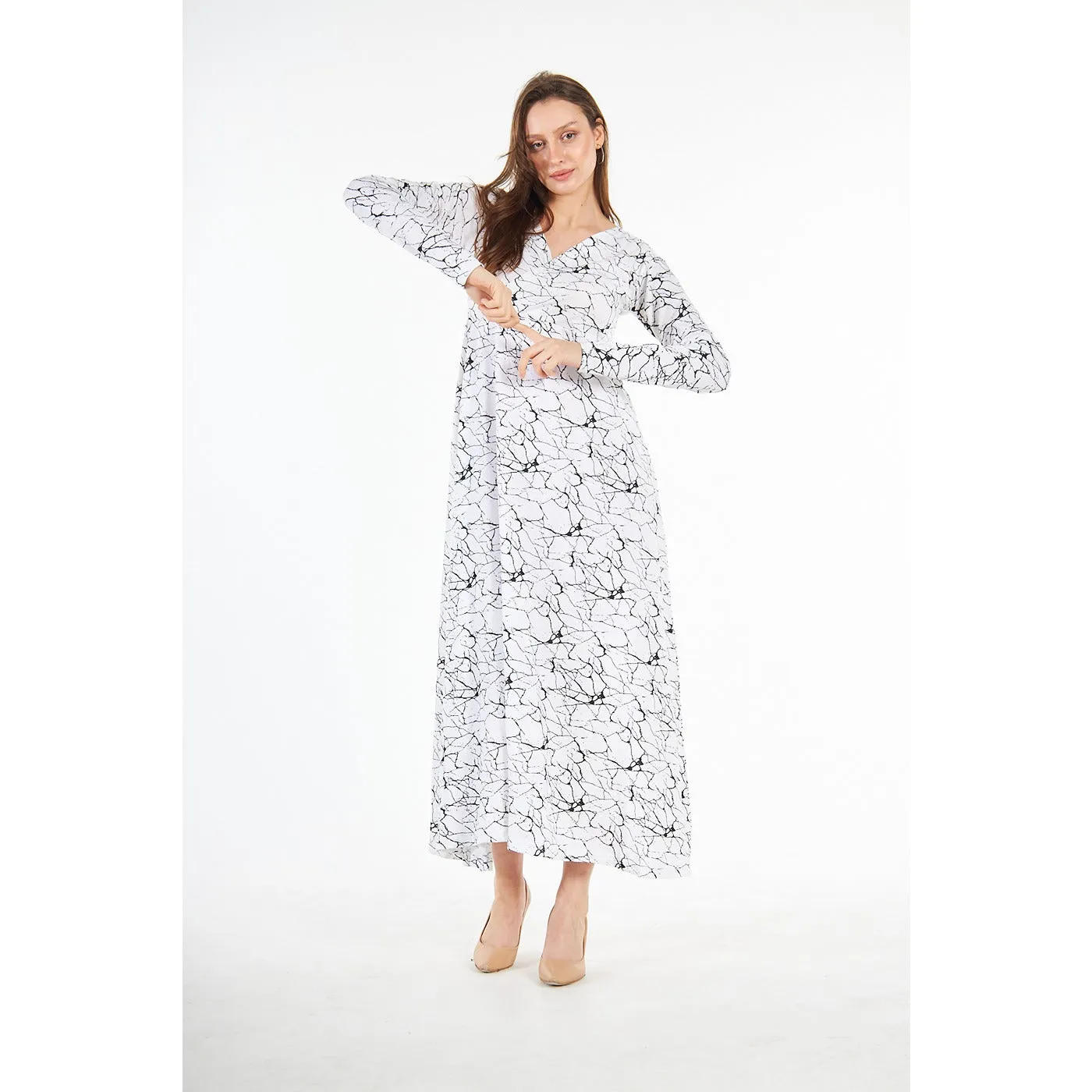 White Double Breasted Printed Long Dress