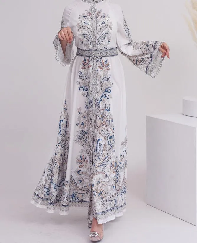 White Garden Women's Casual Spring Summer Boho Floral Print Dress High Neck Long Sleeve High Waist Belt Long Maxi