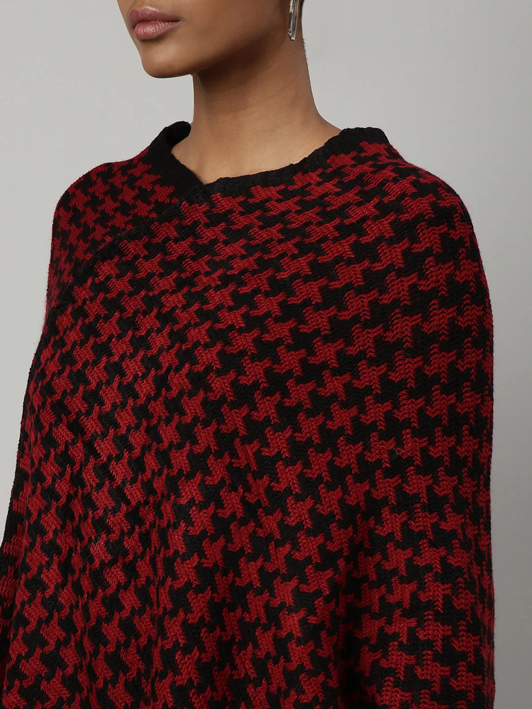 Women Geometric Red Longline Poncho