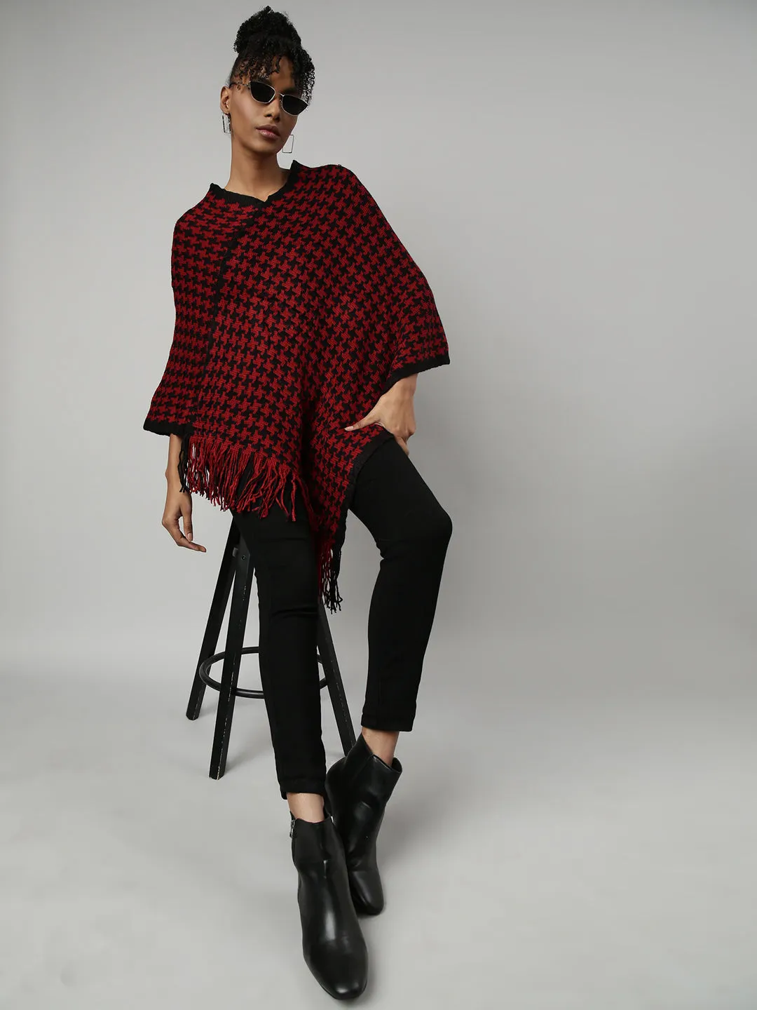 Women Geometric Red Longline Poncho