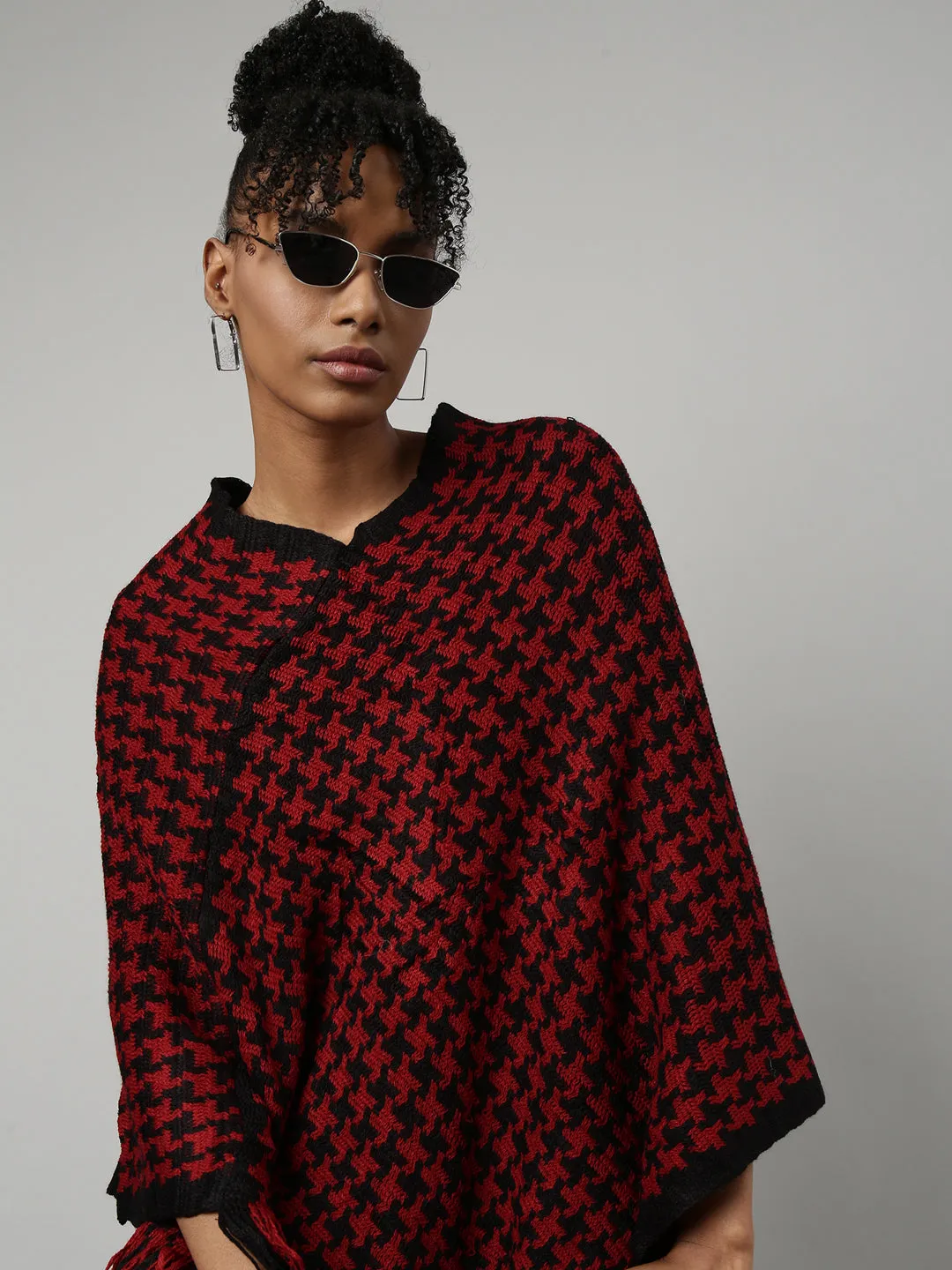 Women Geometric Red Longline Poncho