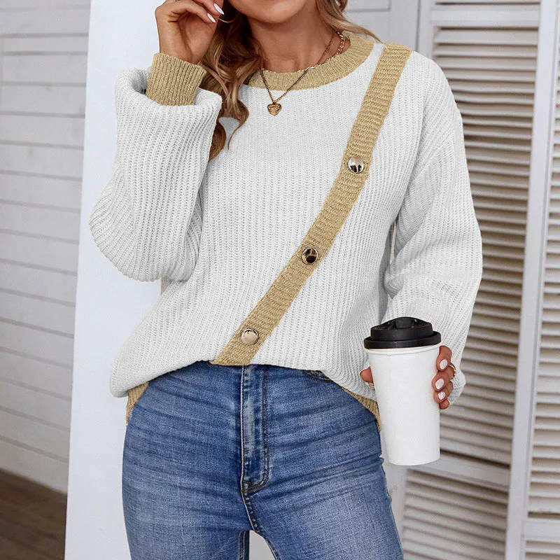 Women Sweaters Kniting Round Collar Pullover Rhinestone Straps