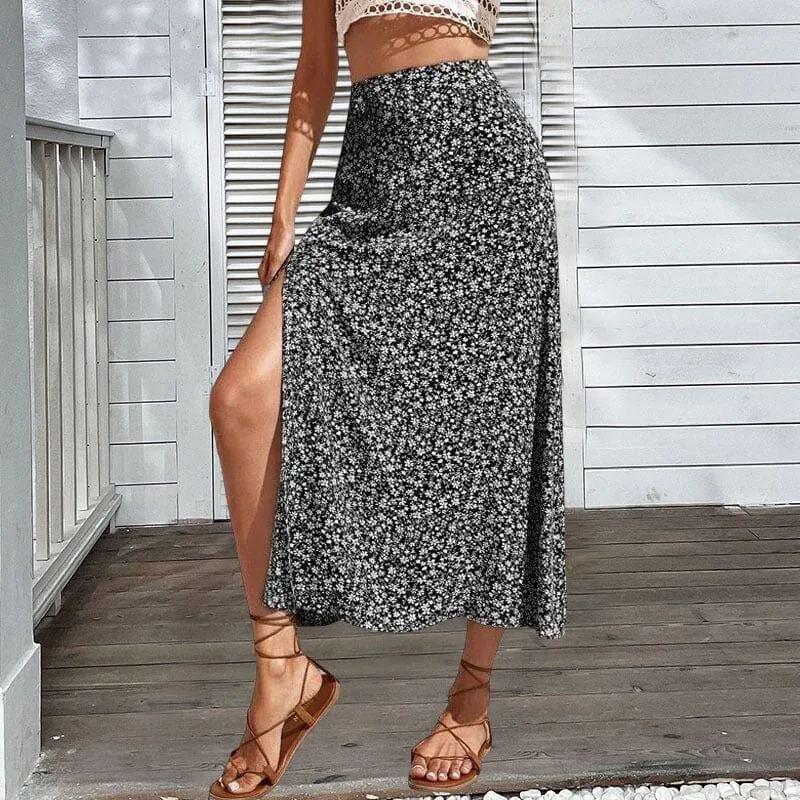 Women's Floral Print Side Slit Midi Long Boho Skirt