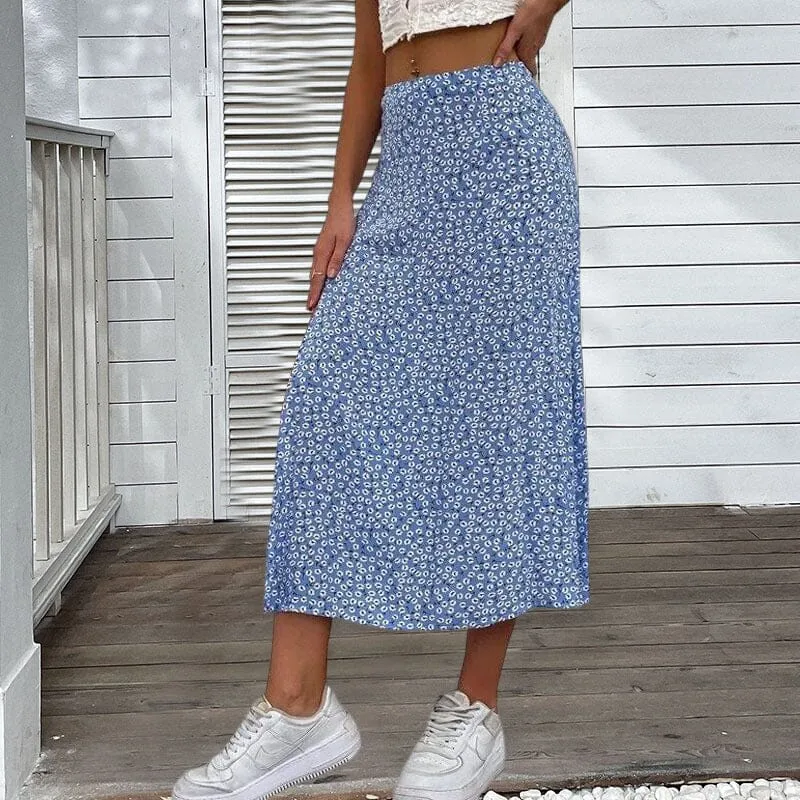 Women's Floral Print Side Slit Midi Long Boho Skirt