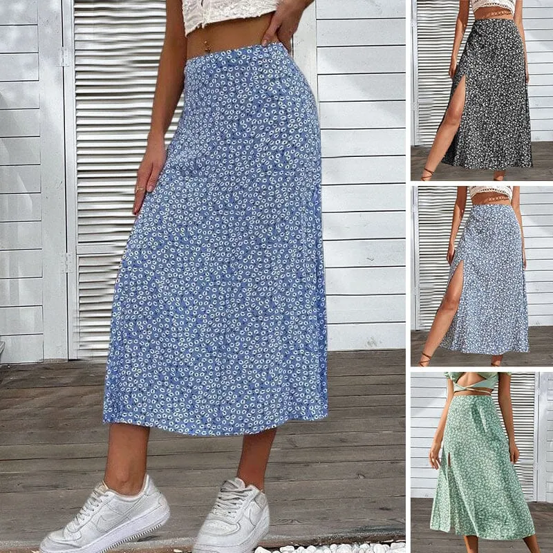 Women's Floral Print Side Slit Midi Long Boho Skirt