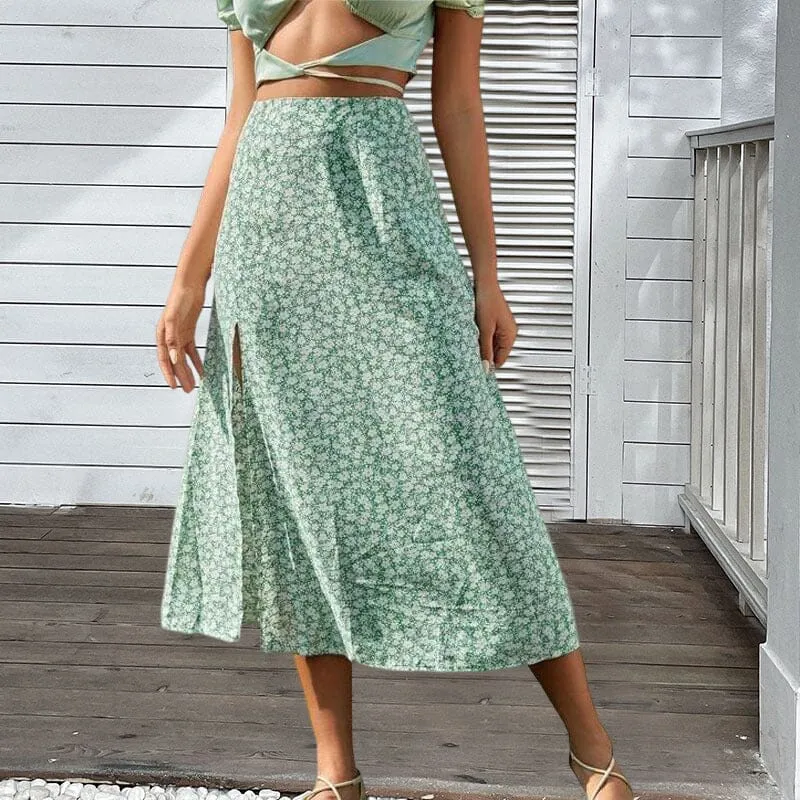 Women's Floral Print Side Slit Midi Long Boho Skirt