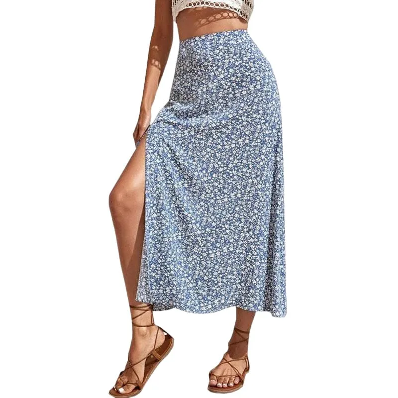 Women's Floral Print Side Slit Midi Long Boho Skirt