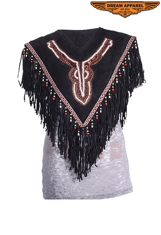 Womens Leather Poncho With Beads