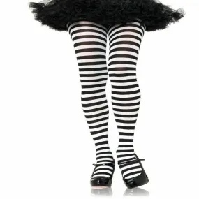 Womens Nylon Black/White Stripe Tights - 1-2X