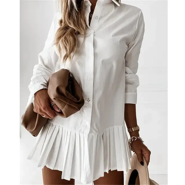 Women's Solid Color Lapel Long Sleeve Pleated Shirt