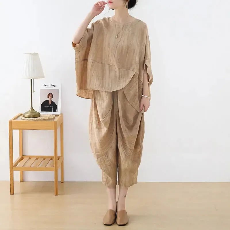 Women's Summer Clothing Linen Bat Sleeve Top and Carrot Pants Set