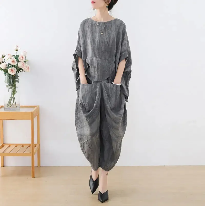 Women's Summer Clothing Linen Bat Sleeve Top and Carrot Pants Set