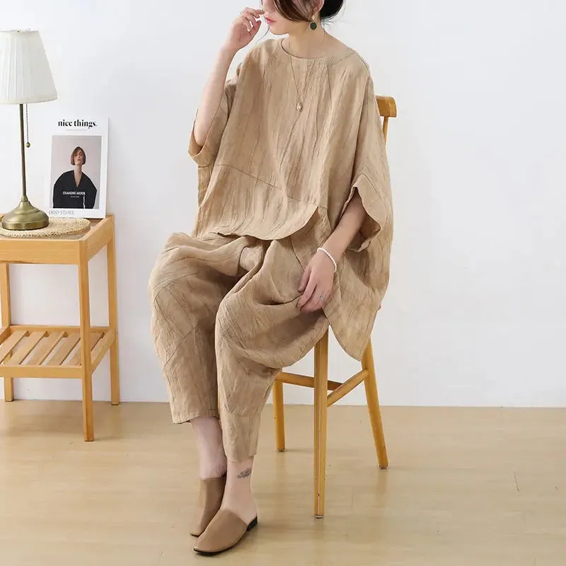 Women's Summer Clothing Linen Bat Sleeve Top and Carrot Pants Set