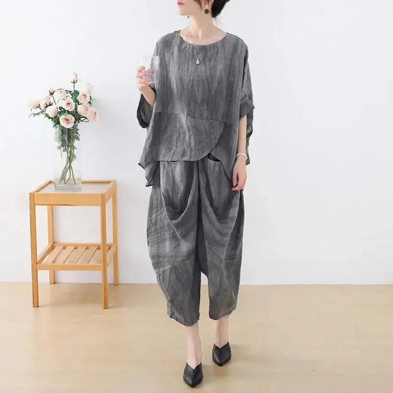 Women's Summer Clothing Linen Bat Sleeve Top and Carrot Pants Set