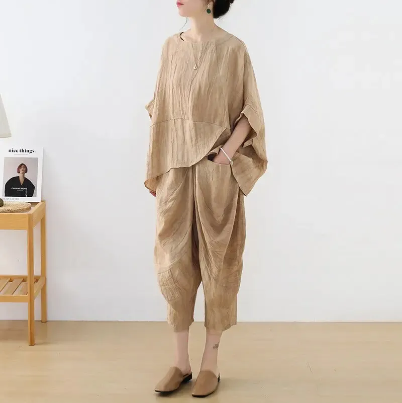 Women's Summer Clothing Linen Bat Sleeve Top and Carrot Pants Set