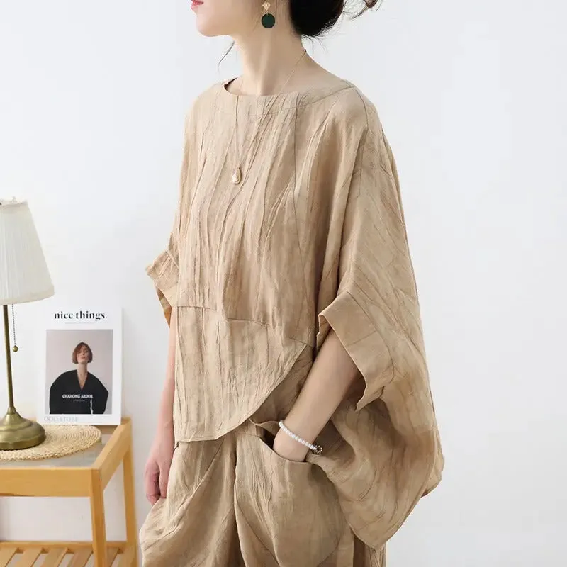 Women's Summer Clothing Linen Bat Sleeve Top and Carrot Pants Set