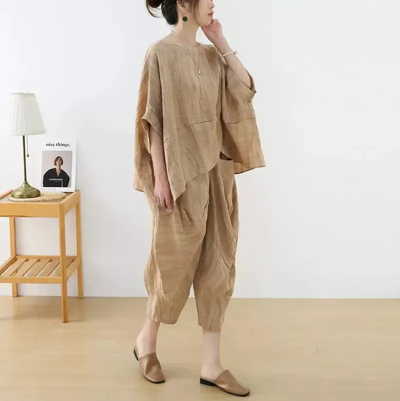 Women's Summer Clothing Linen Bat Sleeve Top and Carrot Pants Set