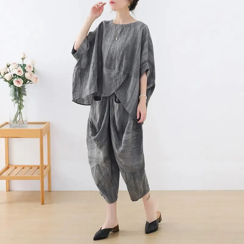 Women's Summer Clothing Linen Bat Sleeve Top and Carrot Pants Set