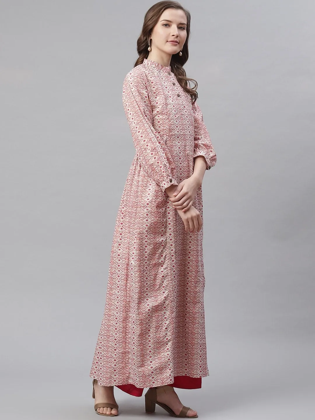 Women'S White Peach Maxi Style Kurta