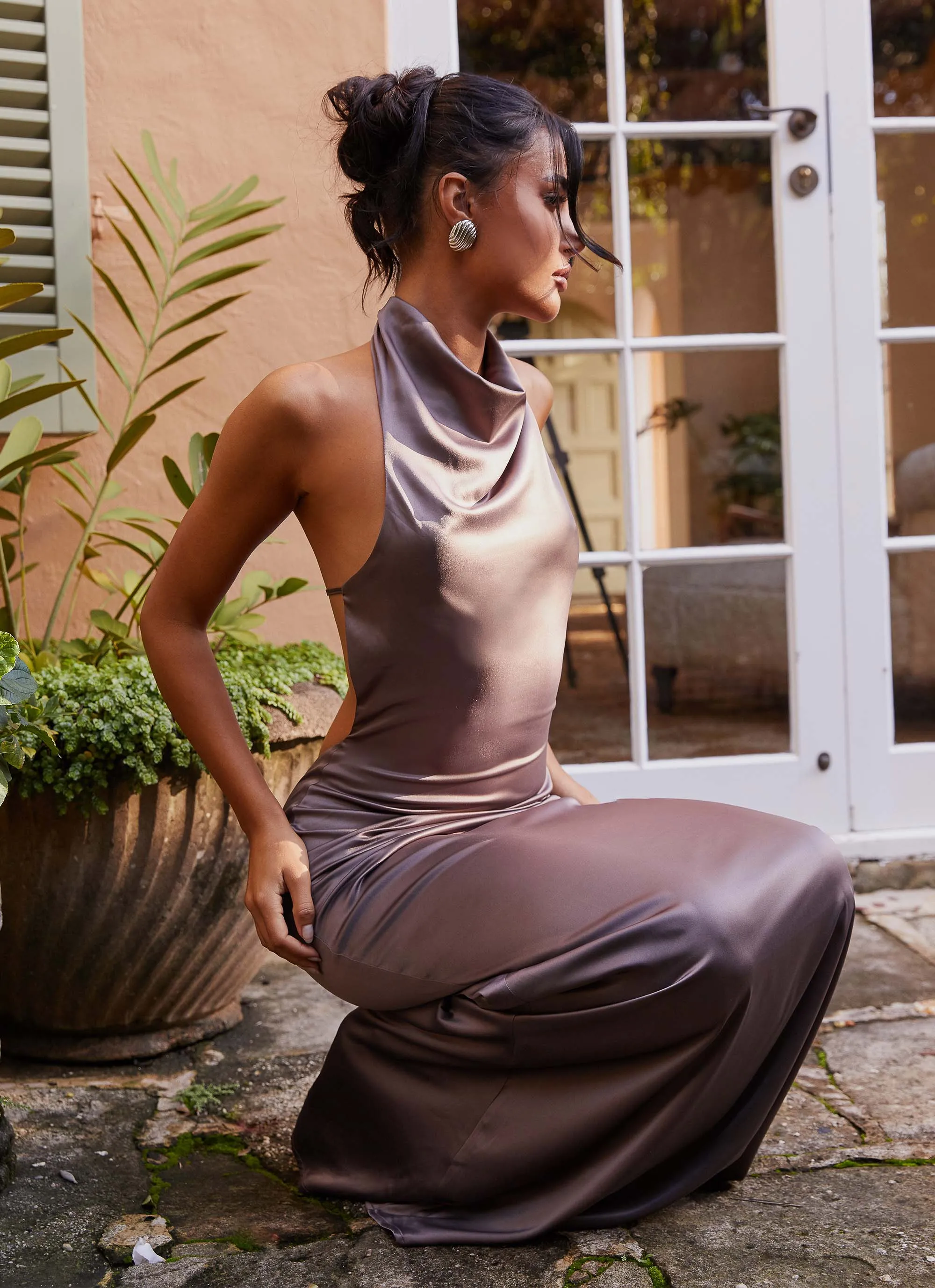 Wynn Satin Maxi Dress - Chocolate